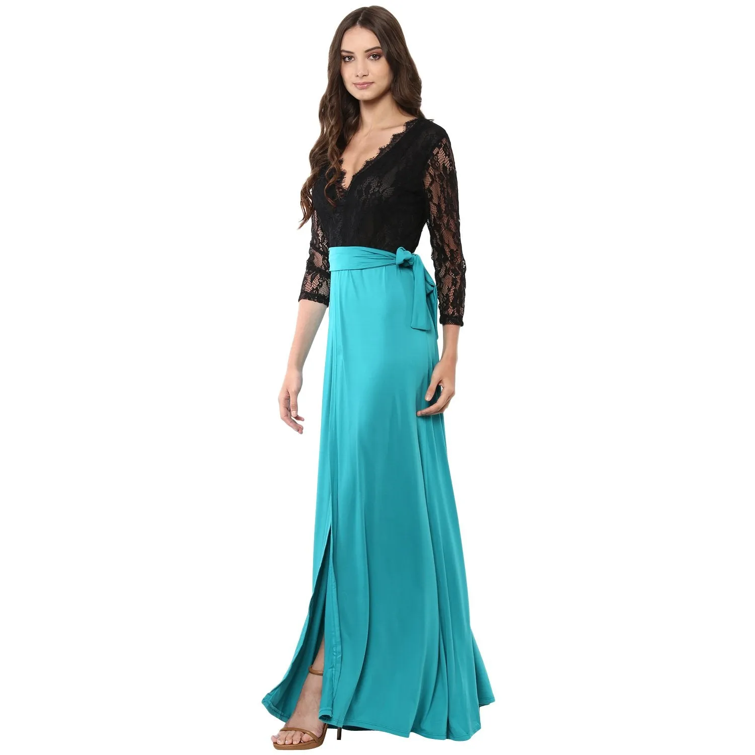 Jaune Paula Ocean Green Designer Lace A Line Gown