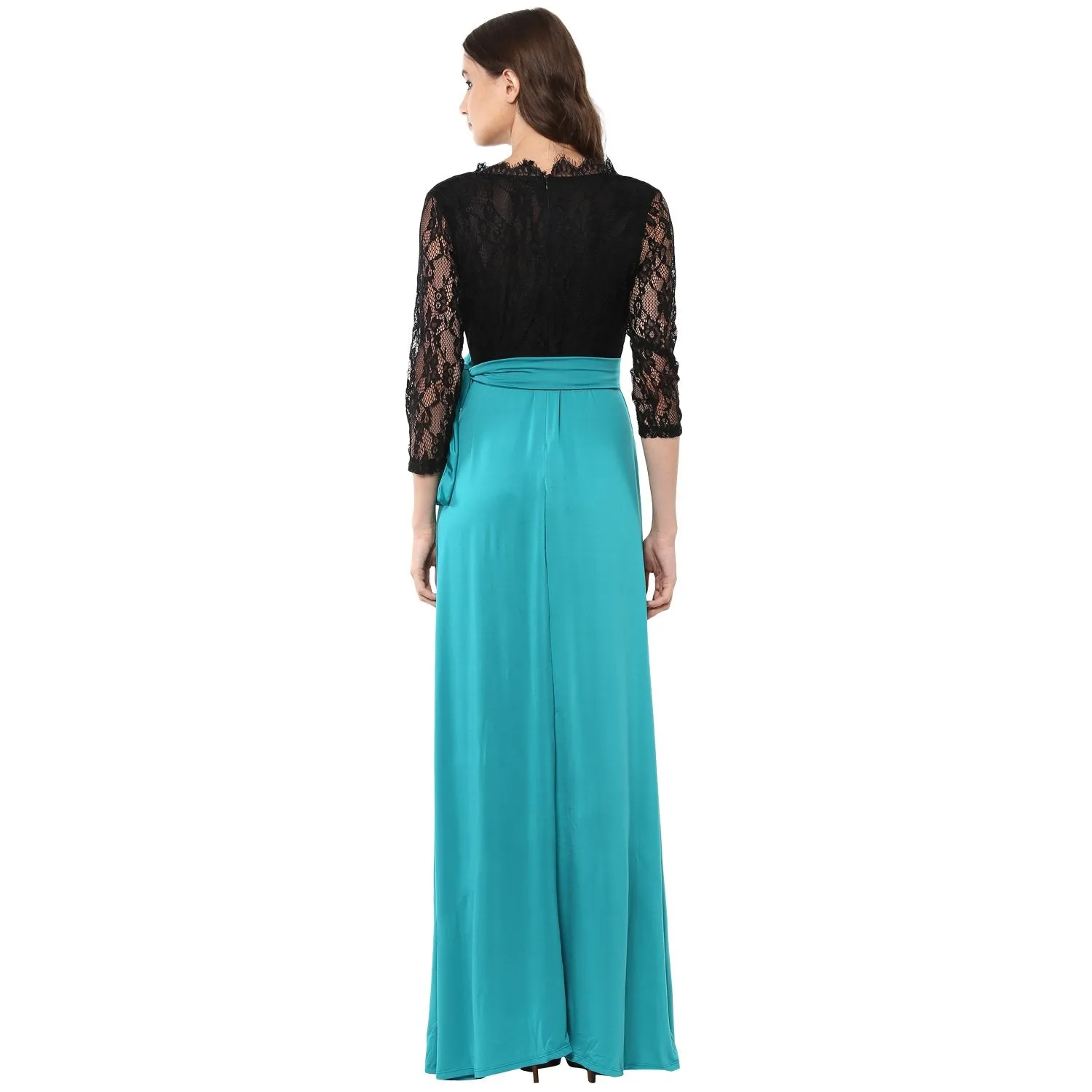 Jaune Paula Ocean Green Designer Lace A Line Gown