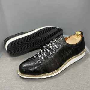 Leather Crocodile Pattern Green Black Men's Casual Shoes MCSFCO48 Street Flat