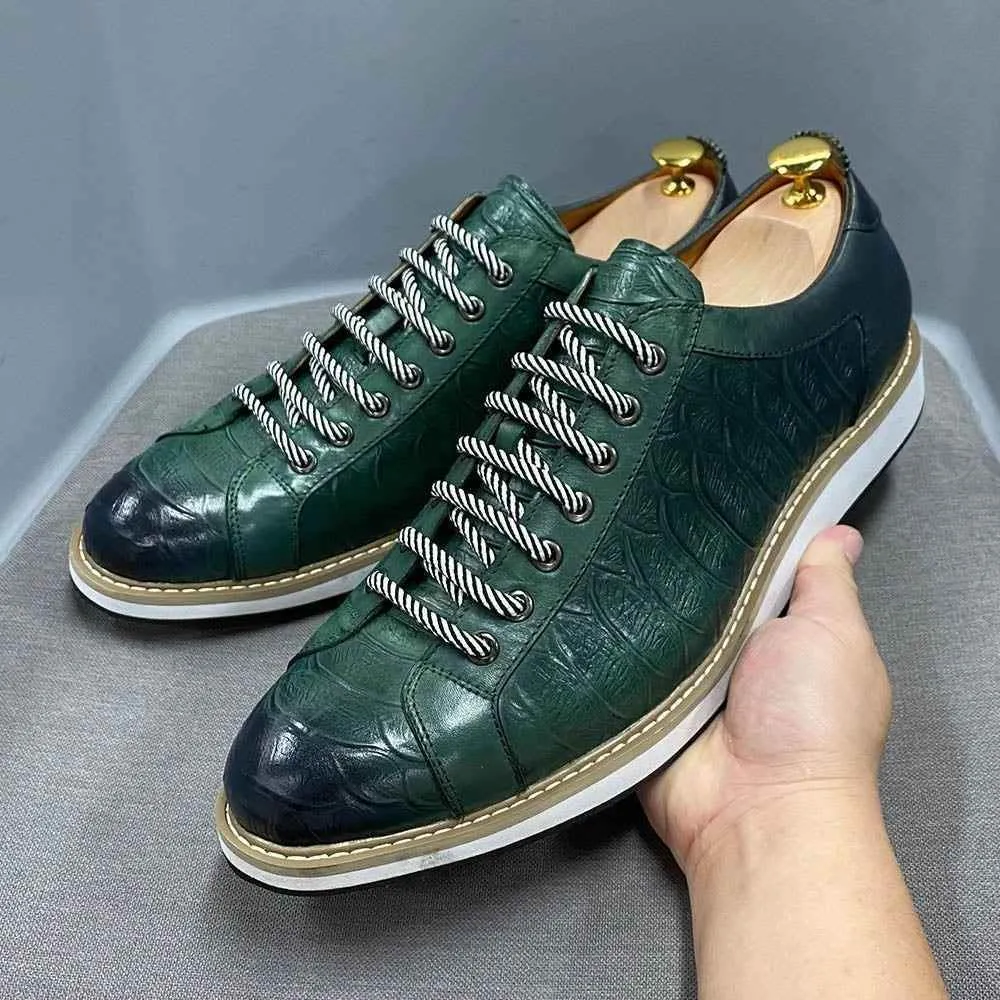 Leather Crocodile Pattern Green Black Men's Casual Shoes MCSFCO48 Street Flat
