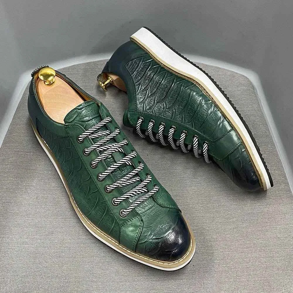Leather Crocodile Pattern Green Black Men's Casual Shoes MCSFCO48 Street Flat