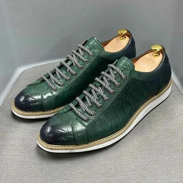 Leather Crocodile Pattern Green Black Men's Casual Shoes MCSFCO48 Street Flat