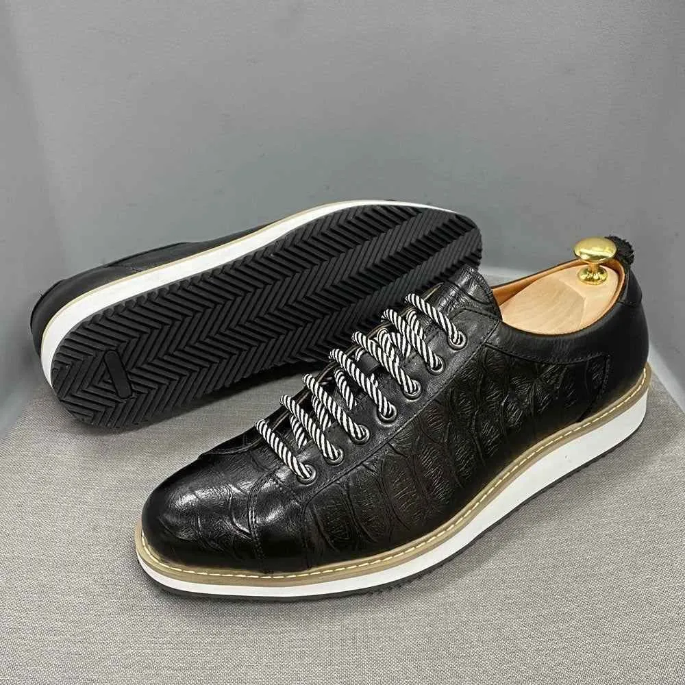 Leather Crocodile Pattern Green Black Men's Casual Shoes MCSFCO48 Street Flat