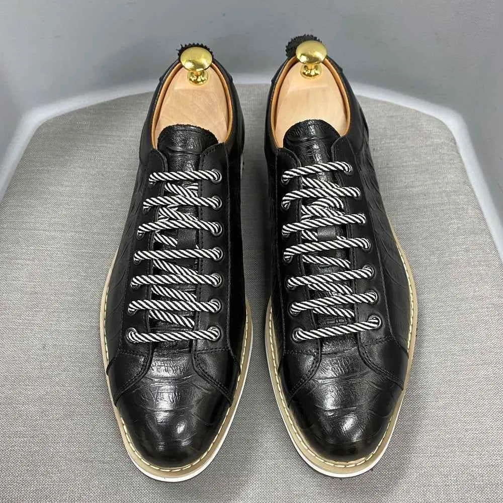 Leather Crocodile Pattern Green Black Men's Casual Shoes MCSFCO48 Street Flat