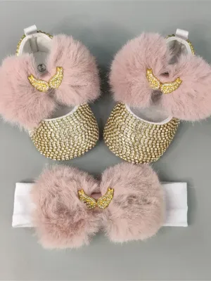 Luxurious Bling Shoes & Headpiece Set - Mauve Pink