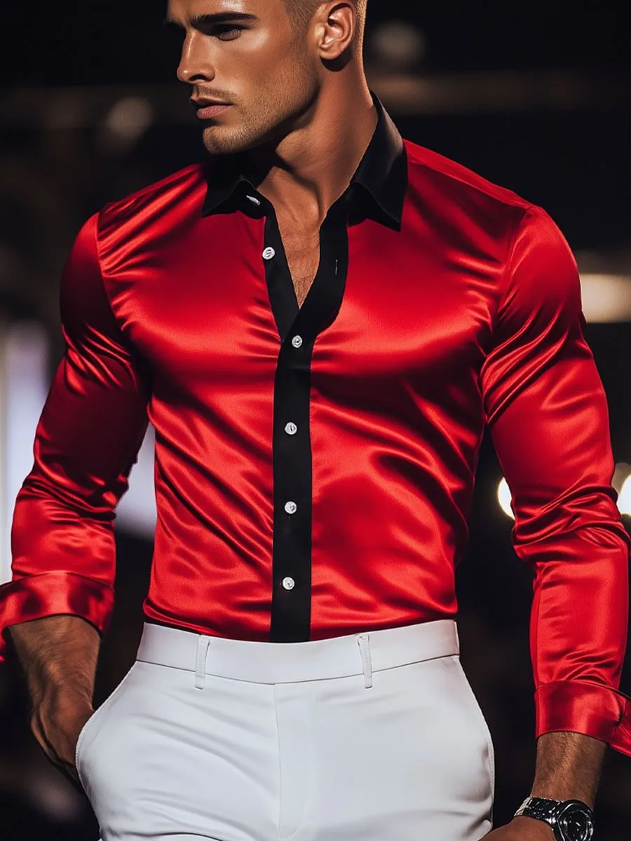 Men's Contrast Satin Long Sleeve Shirt