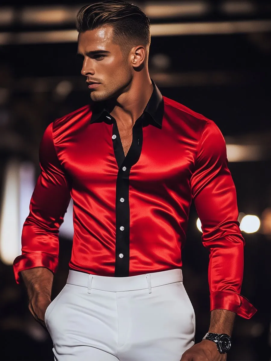 Men's Contrast Satin Long Sleeve Shirt