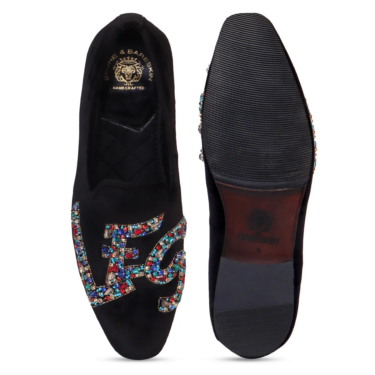 Men's Slip-On Shoes with Crystal Stones Multi-Color Mixed LEGEND Embellished in Black Velvet