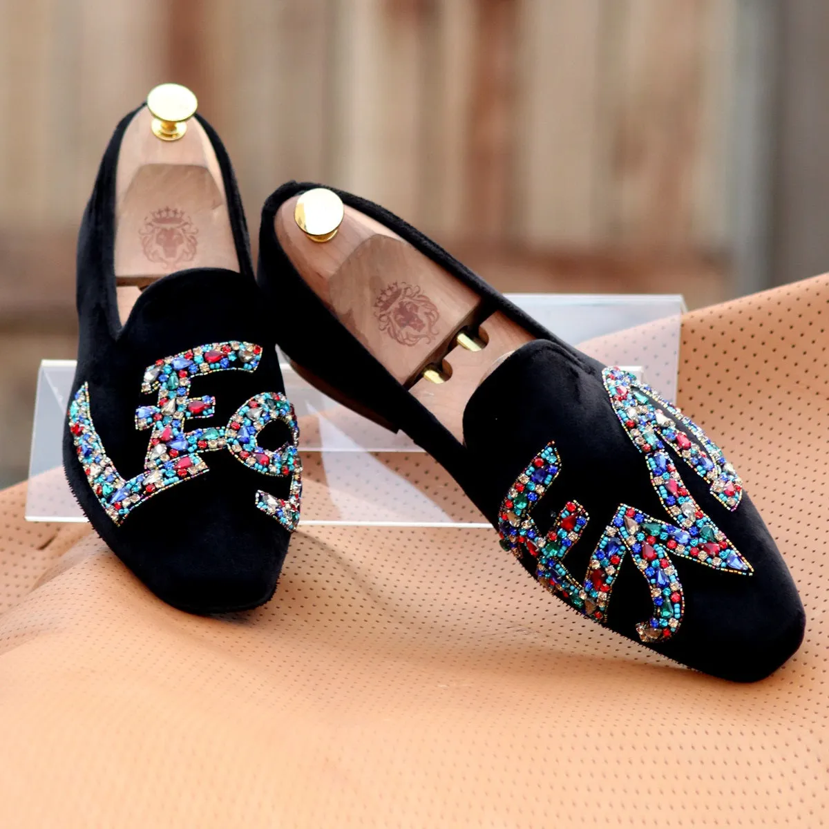 Men's Slip-On Shoes with Crystal Stones Multi-Color Mixed LEGEND Embellished in Black Velvet