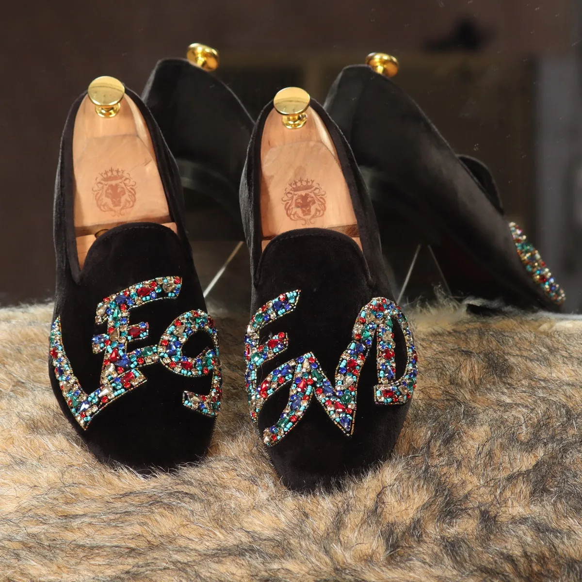 Men's Slip-On Shoes with Crystal Stones Multi-Color Mixed LEGEND Embellished in Black Velvet
