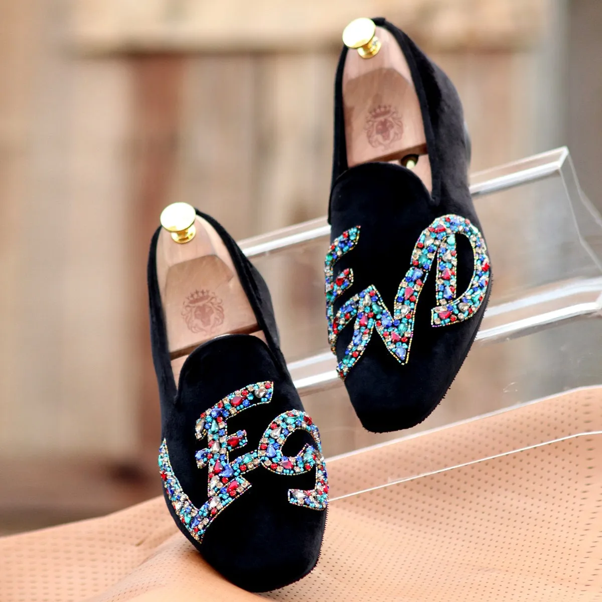 Men's Slip-On Shoes with Crystal Stones Multi-Color Mixed LEGEND Embellished in Black Velvet