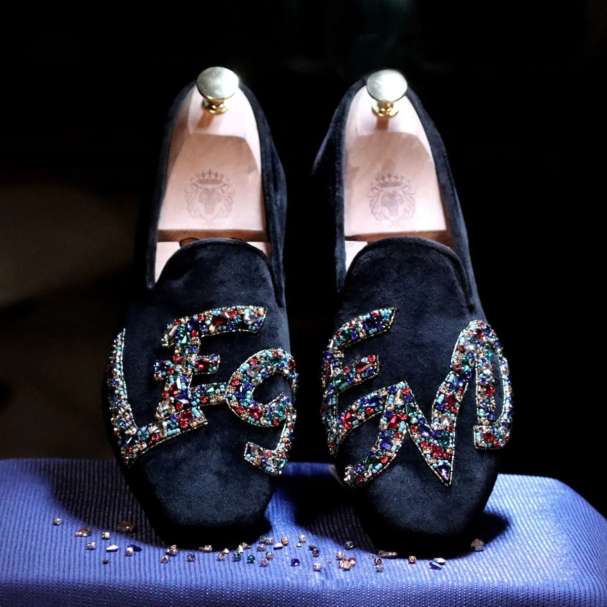Men's Slip-On Shoes with Crystal Stones Multi-Color Mixed LEGEND Embellished in Black Velvet
