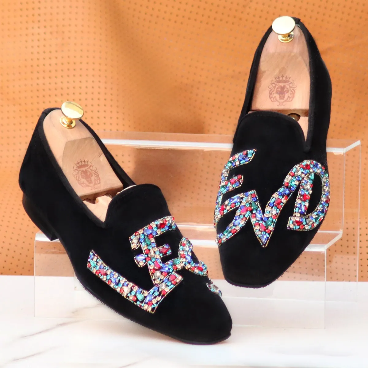Men's Slip-On Shoes with Crystal Stones Multi-Color Mixed LEGEND Embellished in Black Velvet