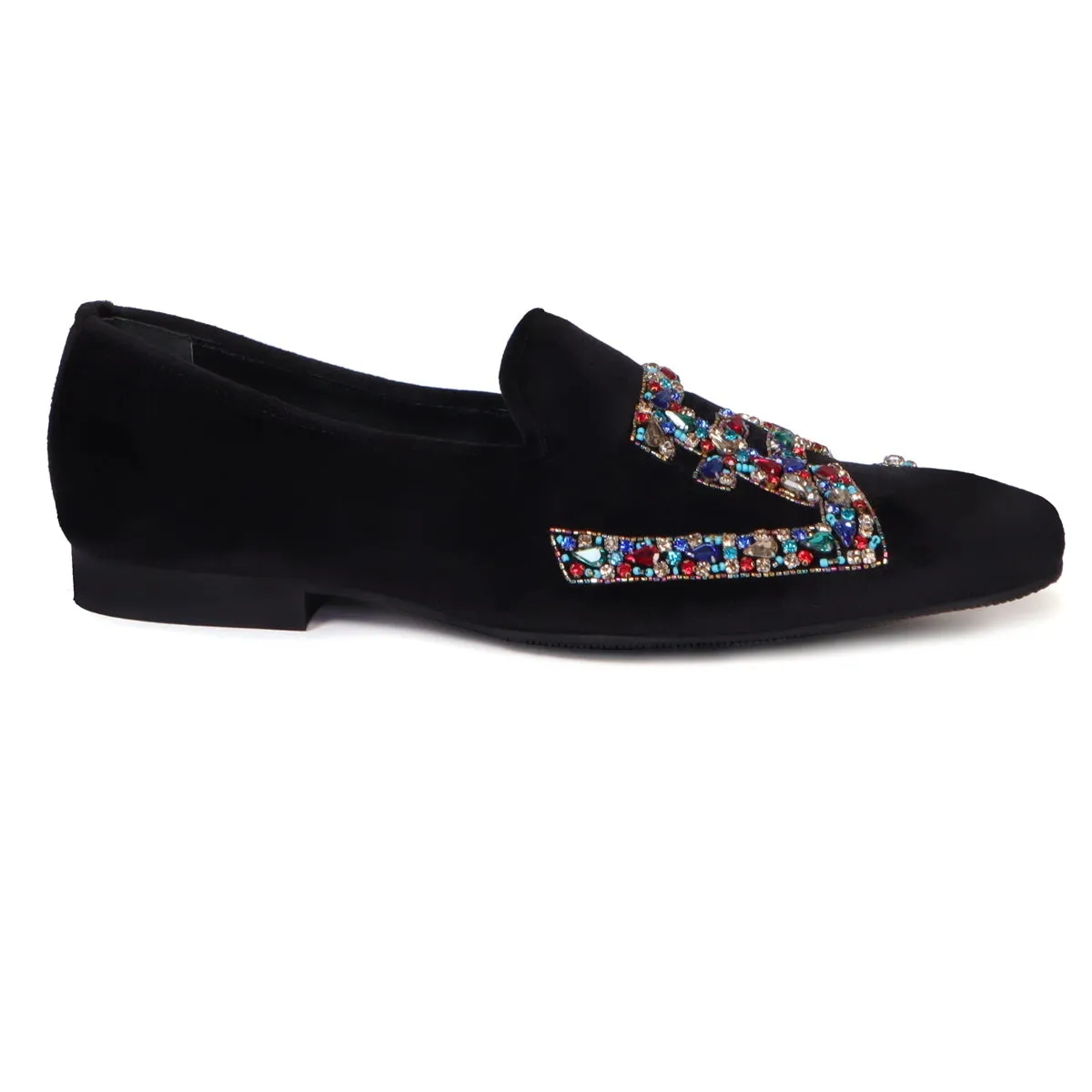 Men's Slip-On Shoes with Crystal Stones Multi-Color Mixed LEGEND Embellished in Black Velvet
