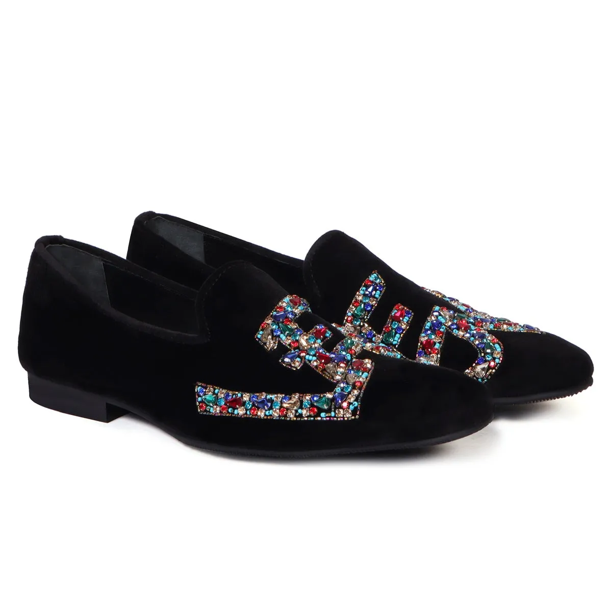 Men's Slip-On Shoes with Crystal Stones Multi-Color Mixed LEGEND Embellished in Black Velvet