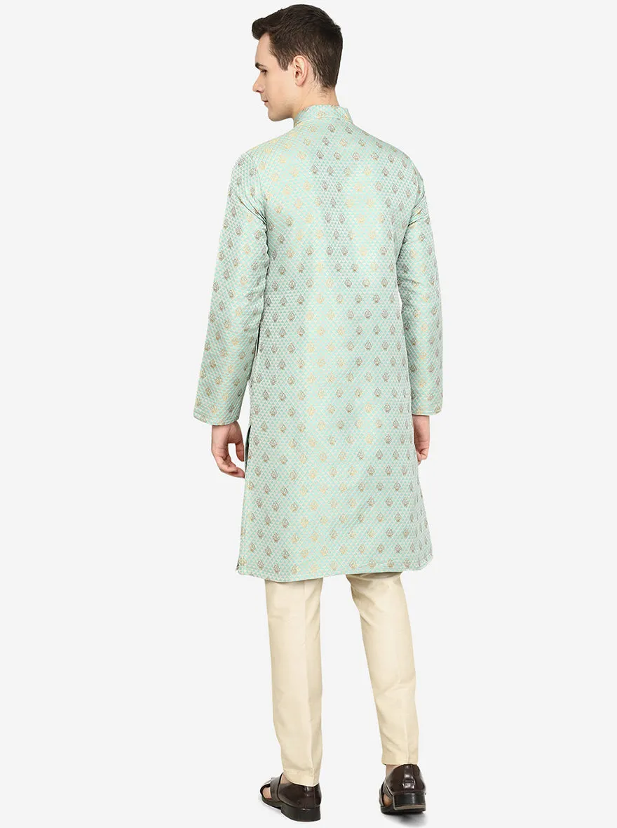 Mint Green Printed Ethnic Silk Blend Kurta for Men