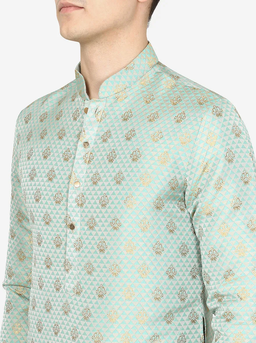Mint Green Printed Ethnic Silk Blend Kurta for Men