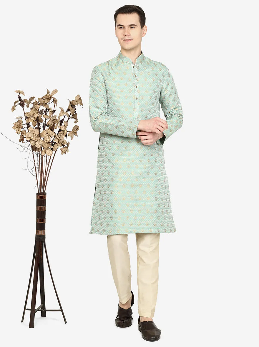 Mint Green Printed Ethnic Silk Blend Kurta for Men
