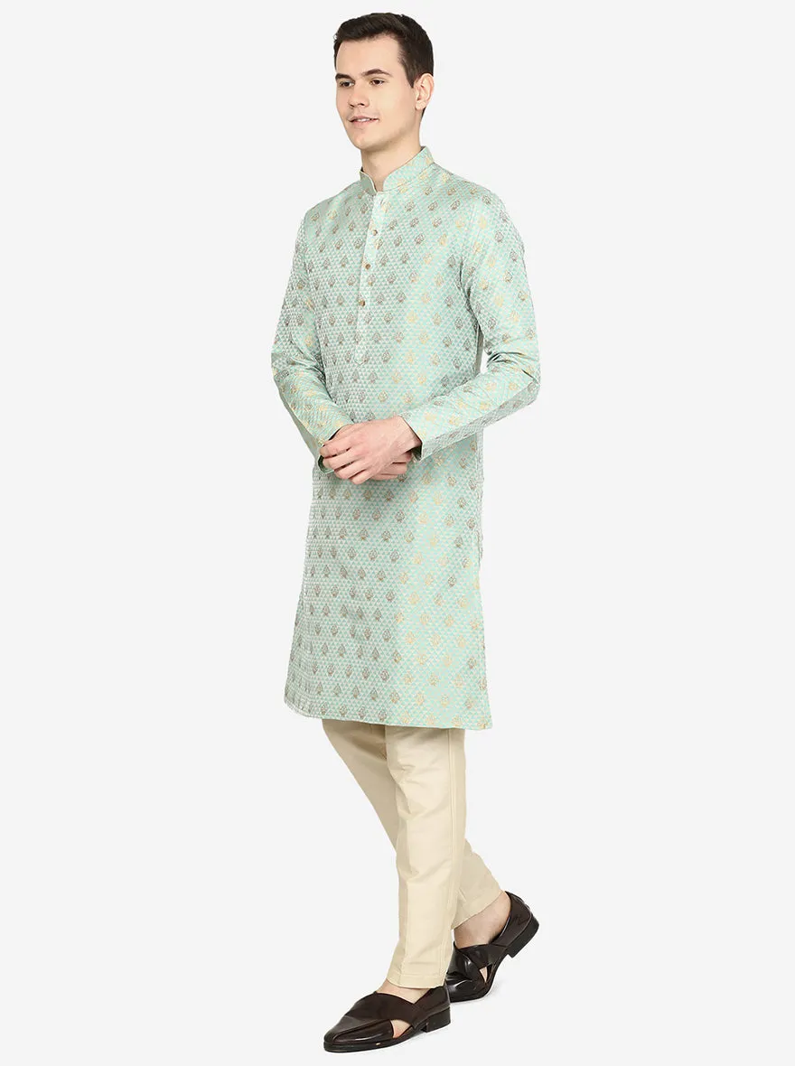 Mint Green Printed Ethnic Silk Blend Kurta for Men