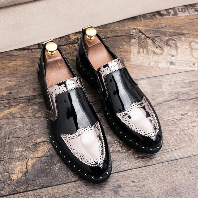 Mixed Patent Leather Men Perforated Wingtip Shoes