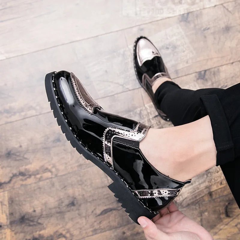 Mixed Patent Leather Men Perforated Wingtip Shoes