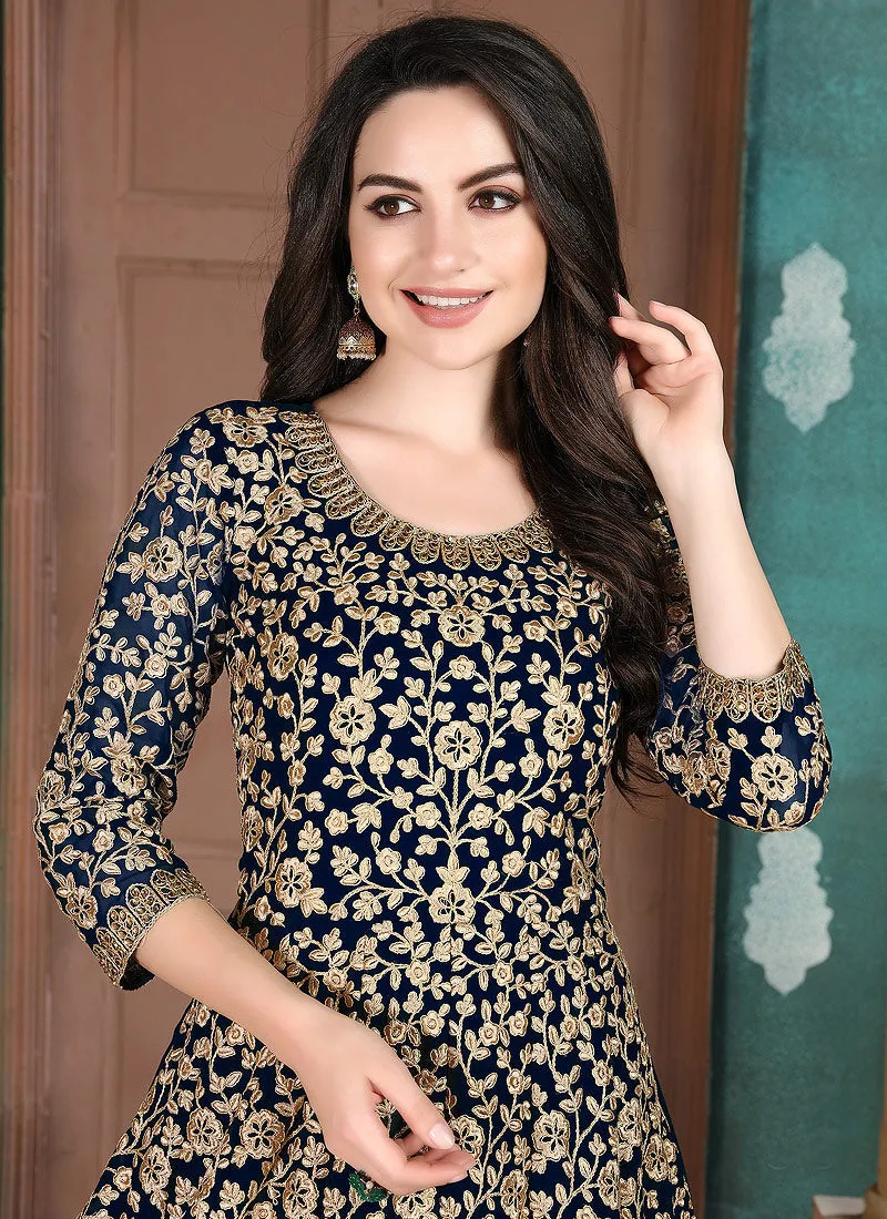 Navy Blue  Embroidered Anarkali Suit