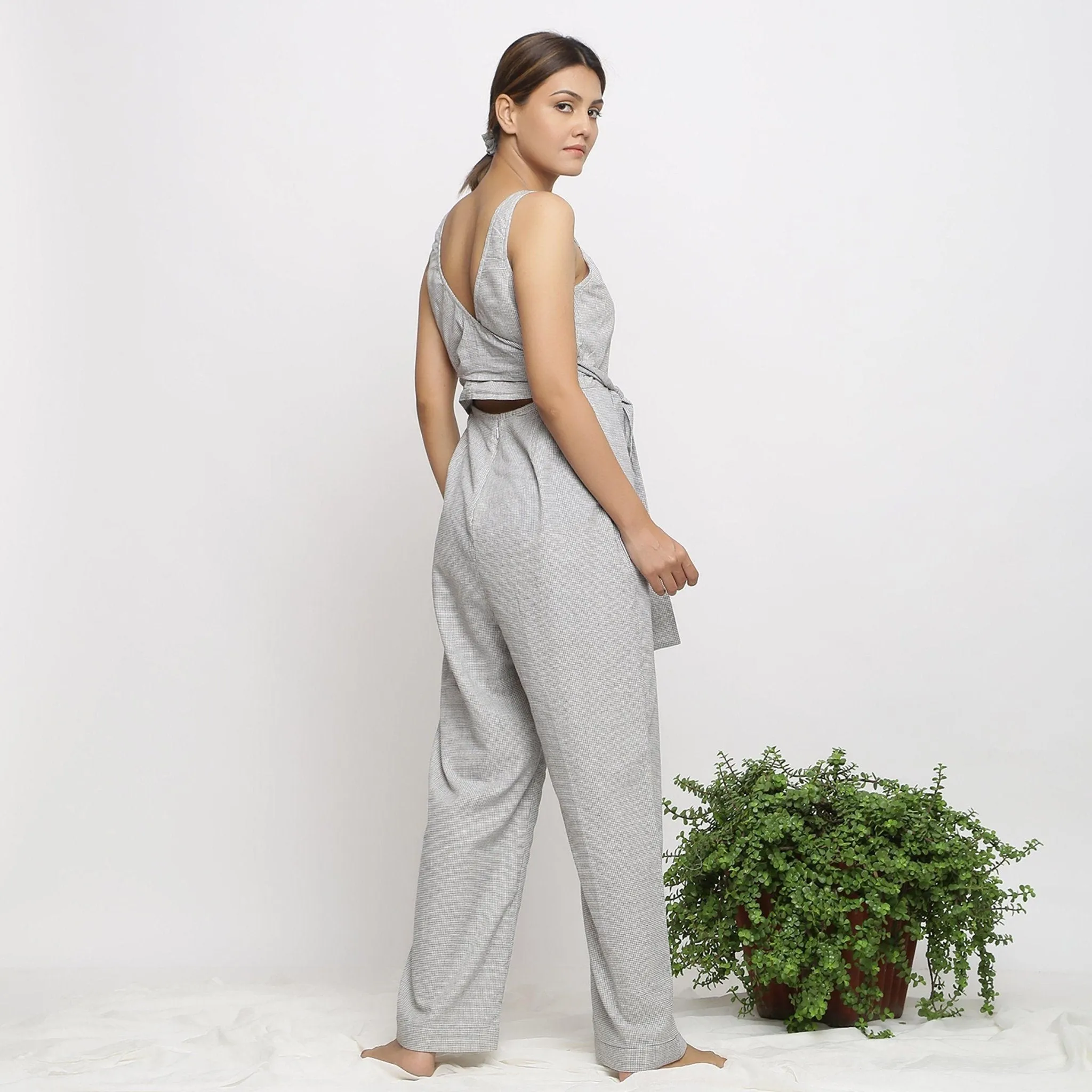 Off-White Checks Handwoven Cotton Strap Sleeve Jumpsuit