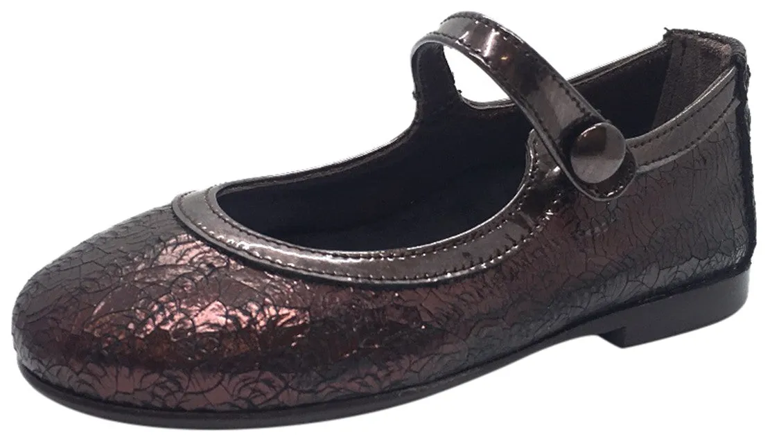 Papanatas by Eli Girl's Dark Copper Burgundy Cracked Design Mary Janes Button Flats