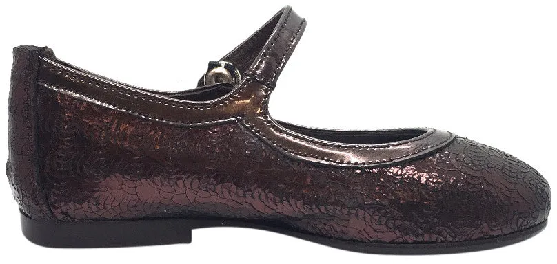 Papanatas by Eli Girl's Dark Copper Burgundy Cracked Design Mary Janes Button Flats
