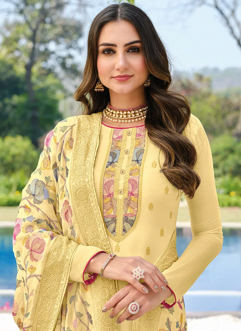 Pastel Yellow Multi Embroidery Pakistani Palazzo Suit