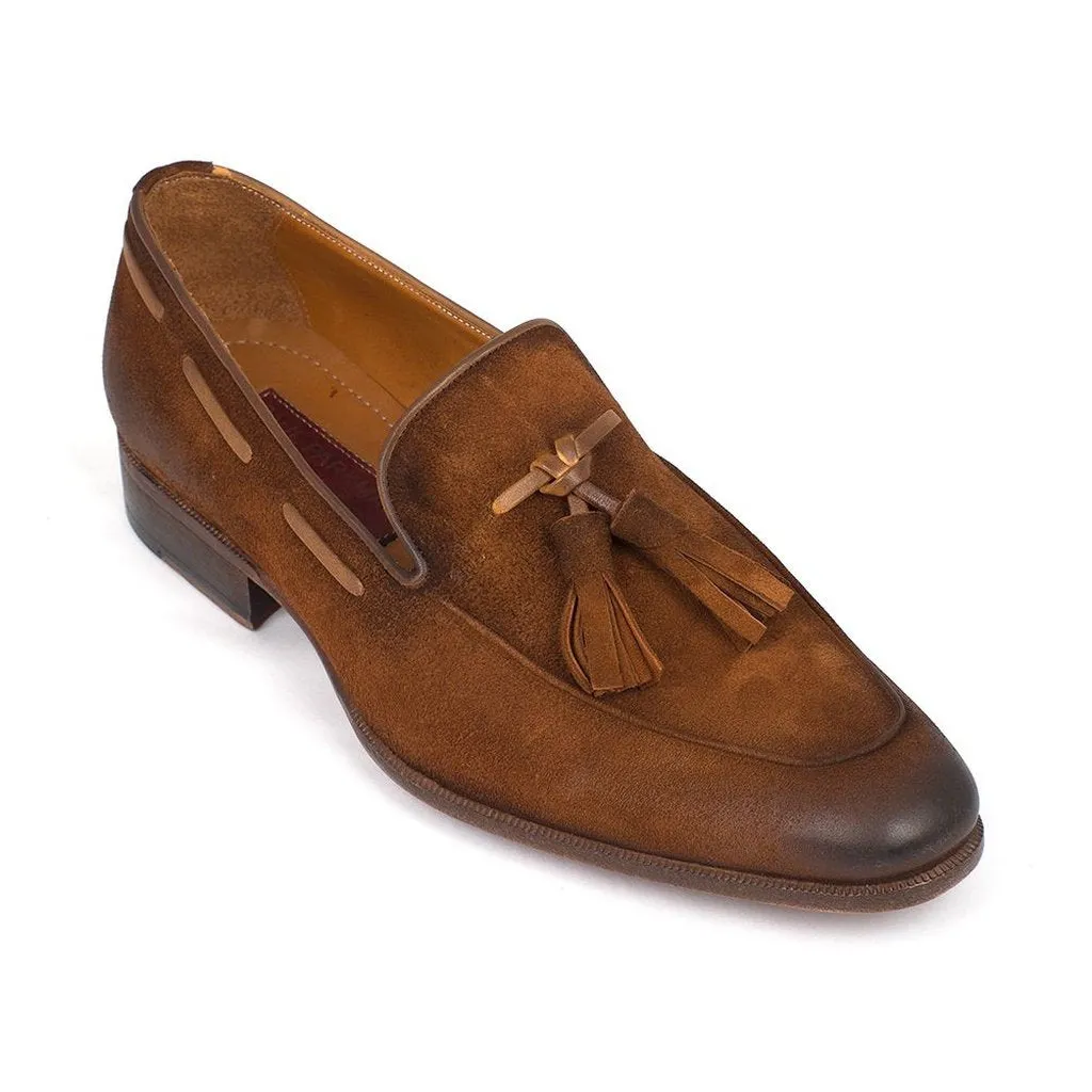 Paul Parkman Men's Tassel Loafer Brown Antique Suede Shoes (ID#TAB32FG)