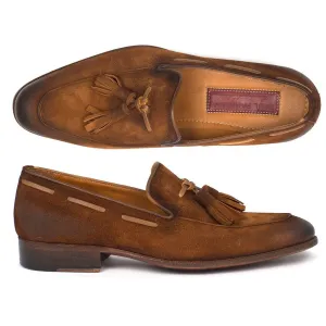 Paul Parkman Men's Tassel Loafer Brown Antique Suede Shoes (ID#TAB32FG)
