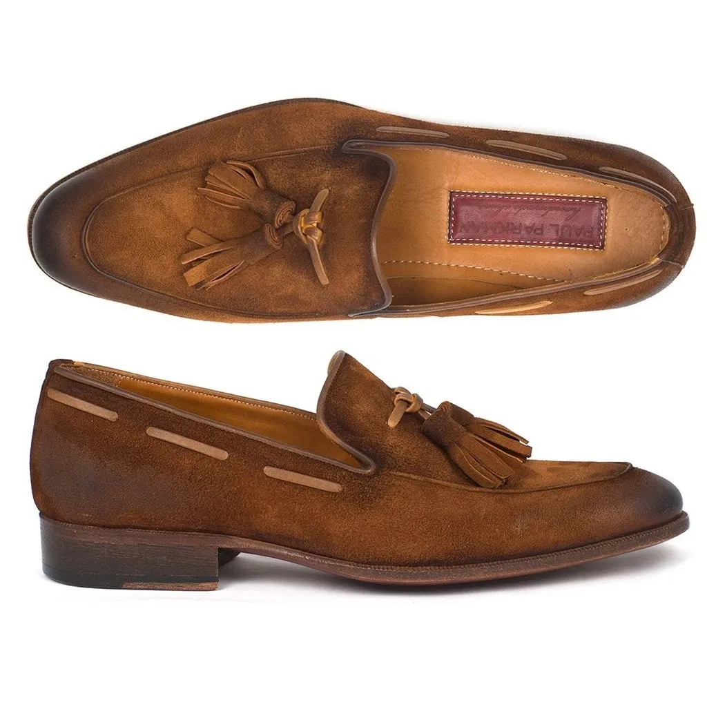 Paul Parkman Men's Tassel Loafer Brown Antique Suede Shoes (ID#TAB32FG)