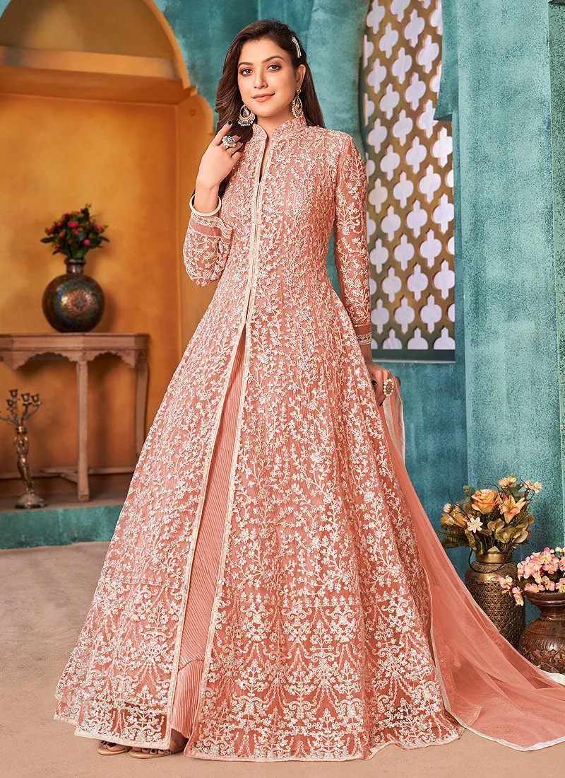 Peach Traditional Embroidered Anarkali Pant Suit