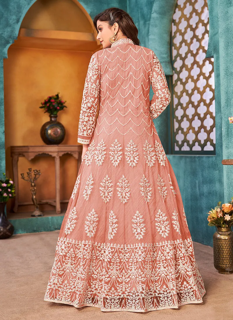 Peach Traditional Embroidered Anarkali Pant Suit