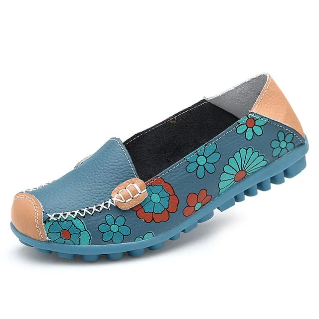 Plardin Cow Muscle Ballet Summer Flower Print Women Genuine Leather Shoes Woman Flat Flexible Nurse Peas Loafer Flats Appliquesm