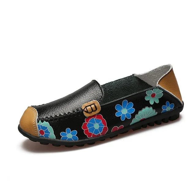 Plardin Cow Muscle Ballet Summer Flower Print Women Genuine Leather Shoes Woman Flat Flexible Nurse Peas Loafer Flats Appliquesm