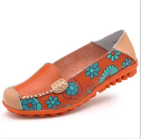 Plardin Cow Muscle Ballet Summer Flower Print Women Genuine Leather Shoes Woman Flat Flexible Nurse Peas Loafer Flats Appliquesm