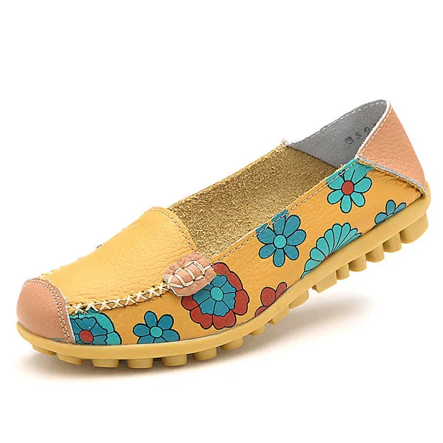 Plardin Cow Muscle Ballet Summer Flower Print Women Genuine Leather Shoes Woman Flat Flexible Nurse Peas Loafer Flats Appliquesm