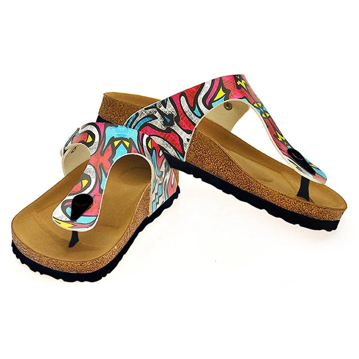 Red & Blue Geometric T-Strap Sandal CAL515