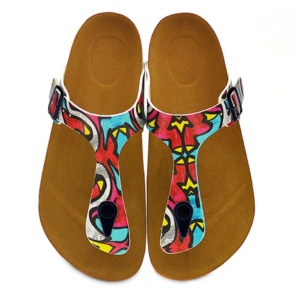 Red & Blue Geometric T-Strap Sandal CAL515