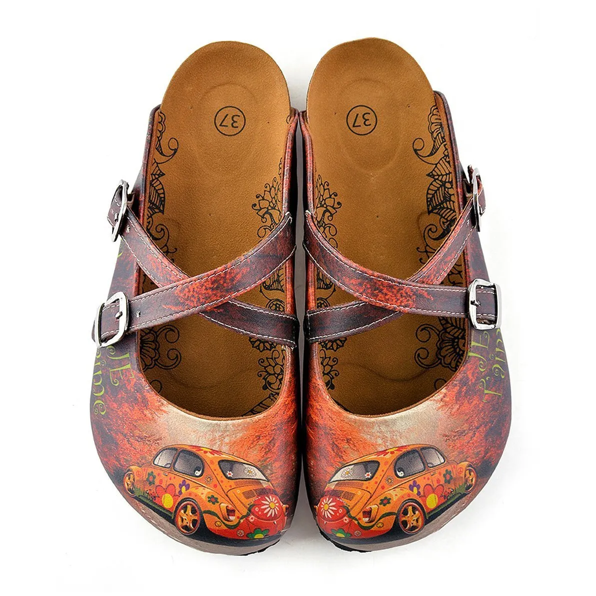 Red & Orange Floral Car Clogs CAL121