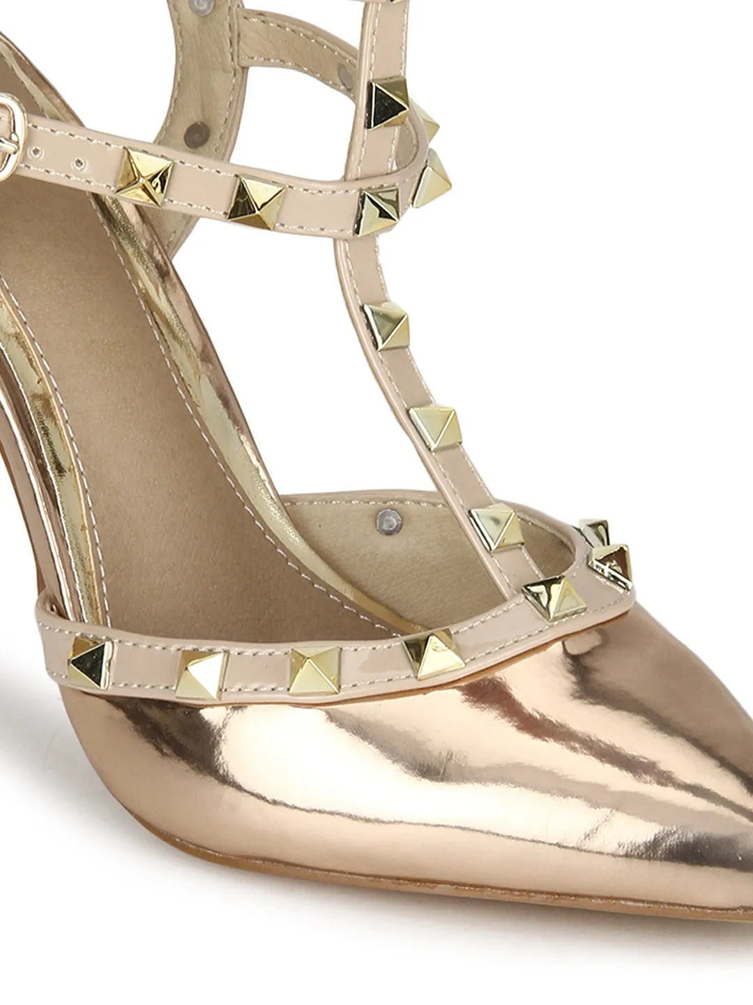 Rose Gold Nude Studded Strappy Stiletto Heels