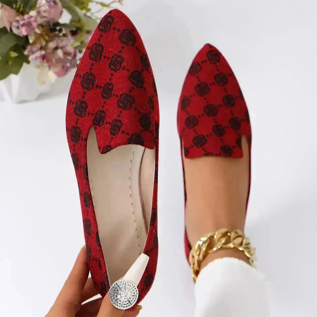 Rose Print Flats Shoes Fashion Casual Pointed Toe Canvas Loafers Lazy Shoes For Women
