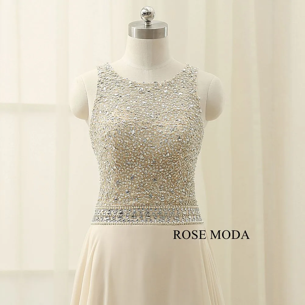 Rosemoda Beaded Chiffon Long A Line Prom Dress With Cut Out Back