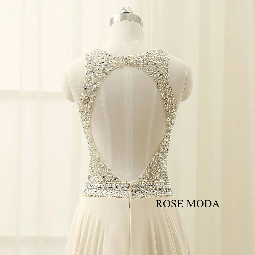 Rosemoda Beaded Chiffon Long A Line Prom Dress With Cut Out Back