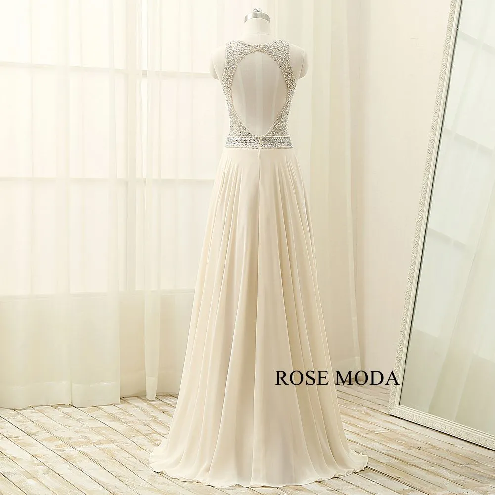 Rosemoda Beaded Chiffon Long A Line Prom Dress With Cut Out Back
