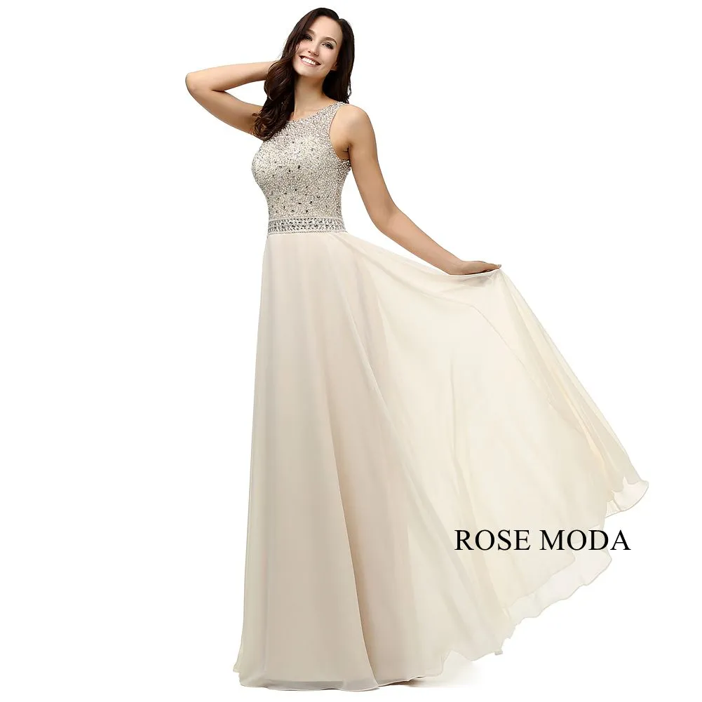 Rosemoda Beaded Chiffon Long A Line Prom Dress With Cut Out Back