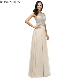 Rosemoda Beaded Chiffon Long A Line Prom Dress With Cut Out Back