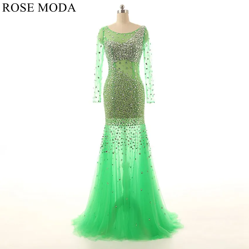 Rosemoda Green Long Sleeve Beaded Illusion Mermaid Prom Dress